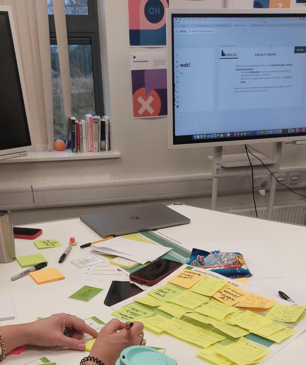 An example of a previous Community of Practice workshop. Participants are pictured gathered around a table with ideation materials.